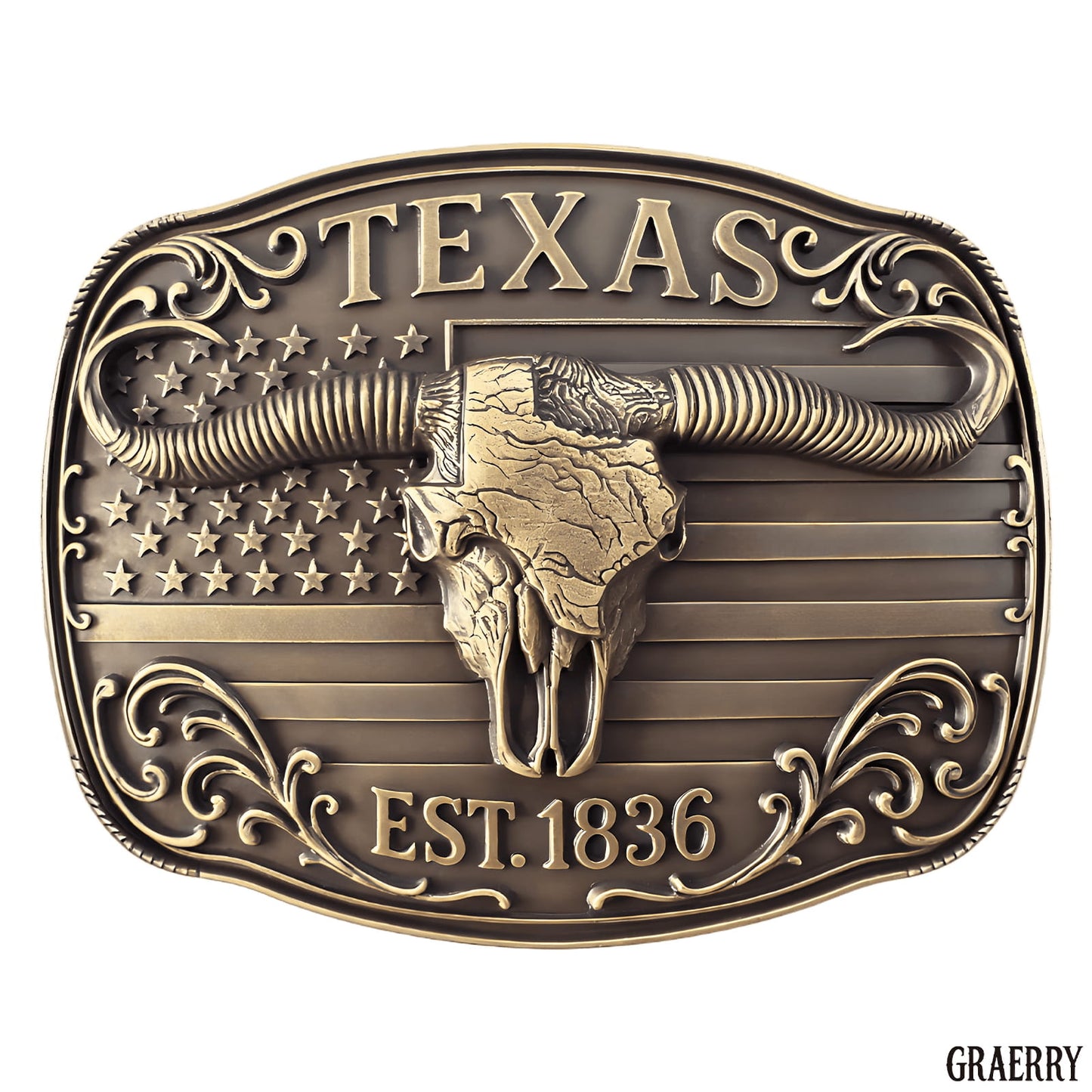 GRAERRY Cowboy Belt Buckle for Men Women Vintage Rodeo Texas Map 1836 Longhorn bull Western Belt Buckles (Bronze)