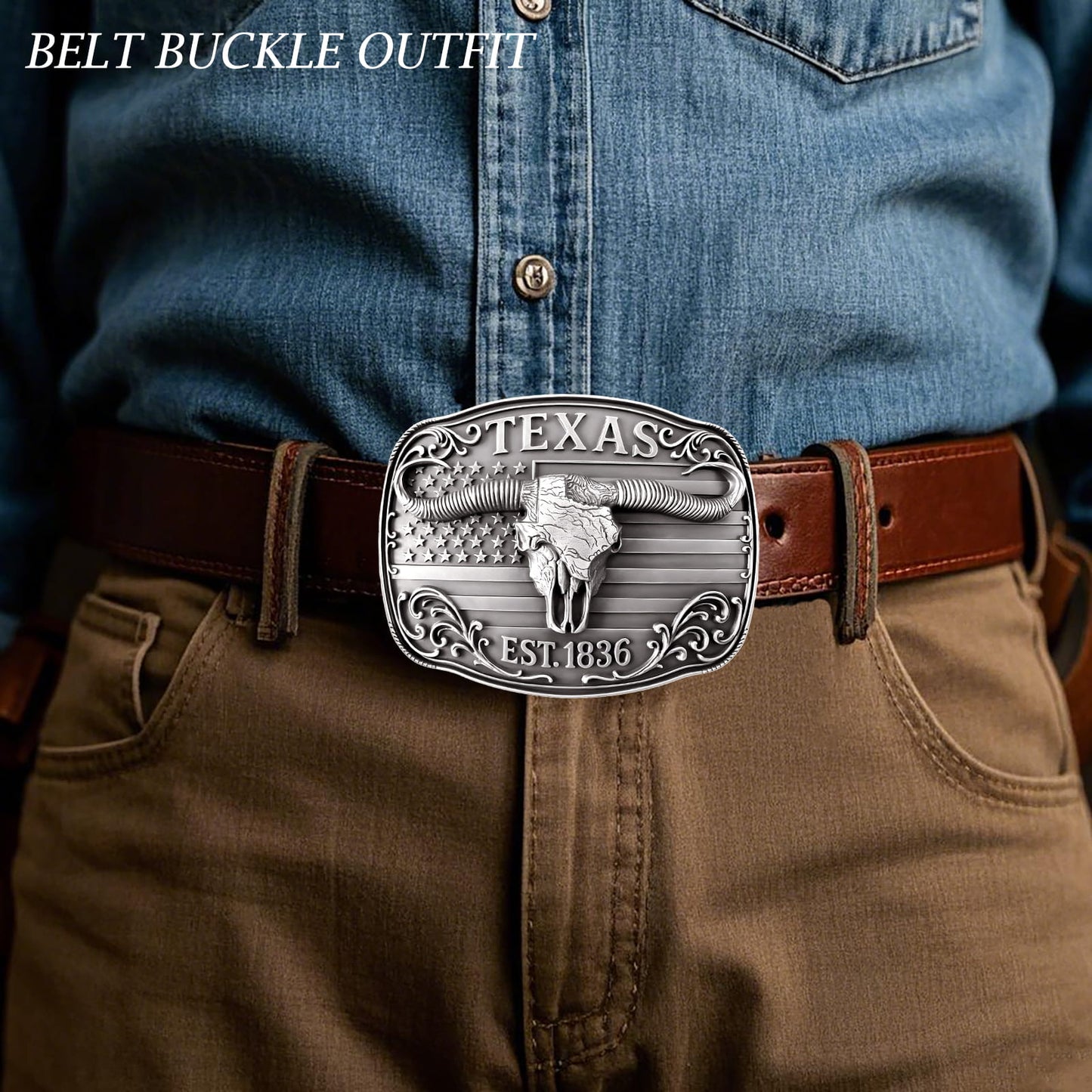 GRAERRY Cowboy Belt Buckle for Men Women Vintage Rodeo Texas Map 1836 Longhorn bull Western Belt Buckles (Grey)