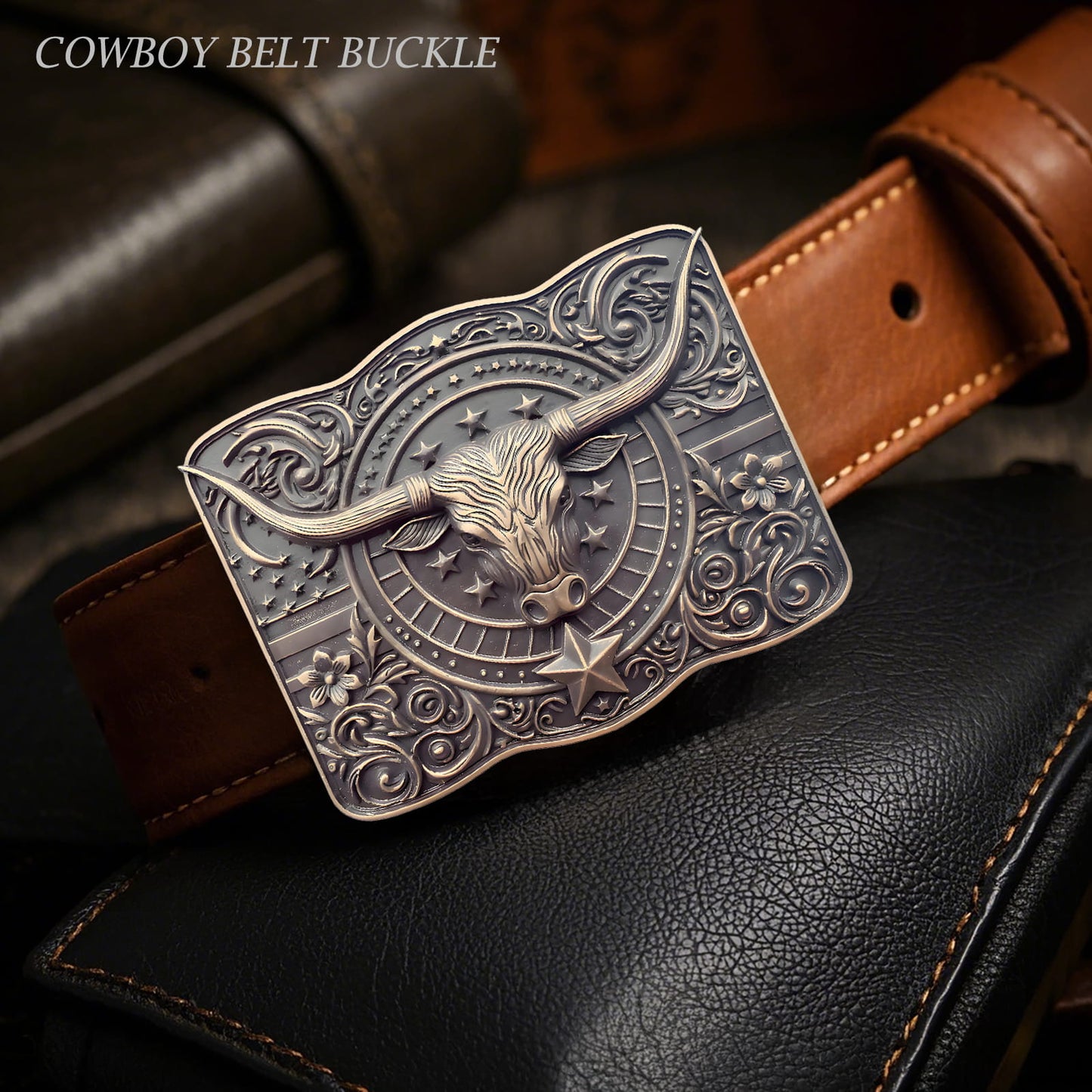 GRAERRY Cowboy Belt Buckle for Men Women Vintage Rodeo Texas Longhorn bull American Flag Western Belt Buckles(Bronze)