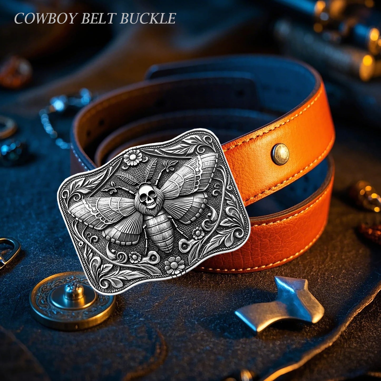 GRAERRY Cowboy Belt Buckle for Men Women Vintage Rodeo Ghost Skull Death Head Moth Western Belt Buckles (Grey)