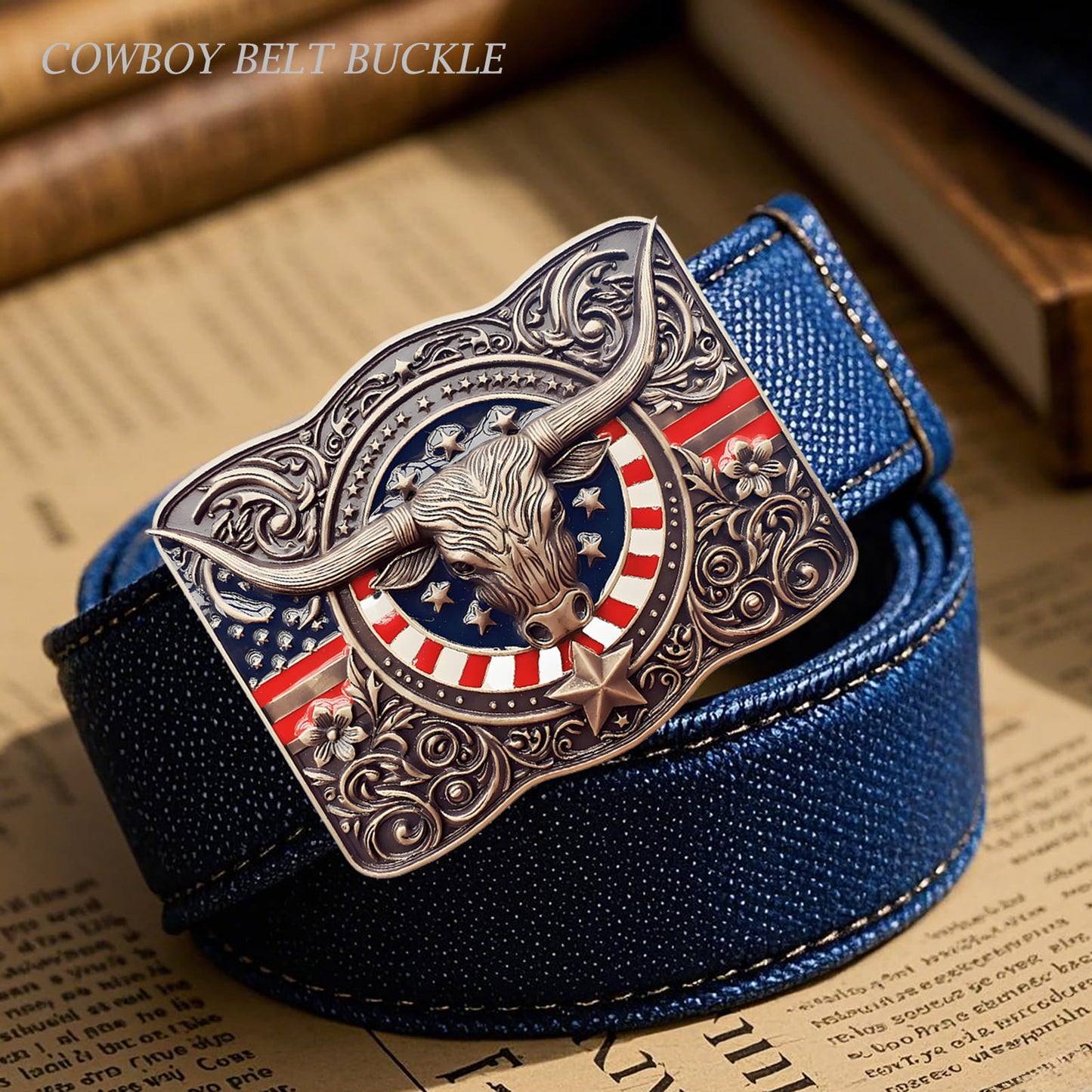 GRAERRY Cowboy Belt Buckle for Men Women Vintage Rodeo Texas Longhorn bull American Flag Western Belt Buckles (Color Bronze)
