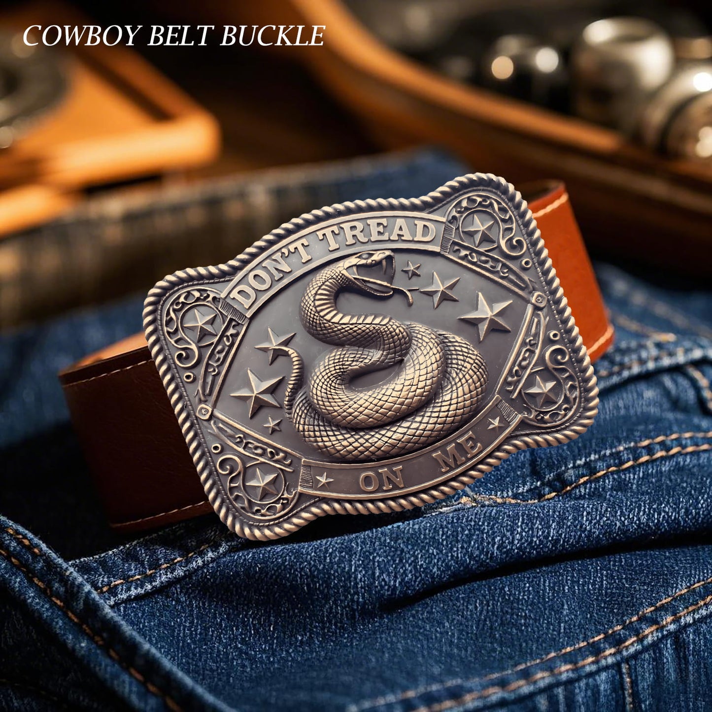 GRAERRY Cowboy Belt Buckle for Men Women Vintage Rodeo Don't Tread On Me Rattlesnake Western Belt Buckles (Bronze)