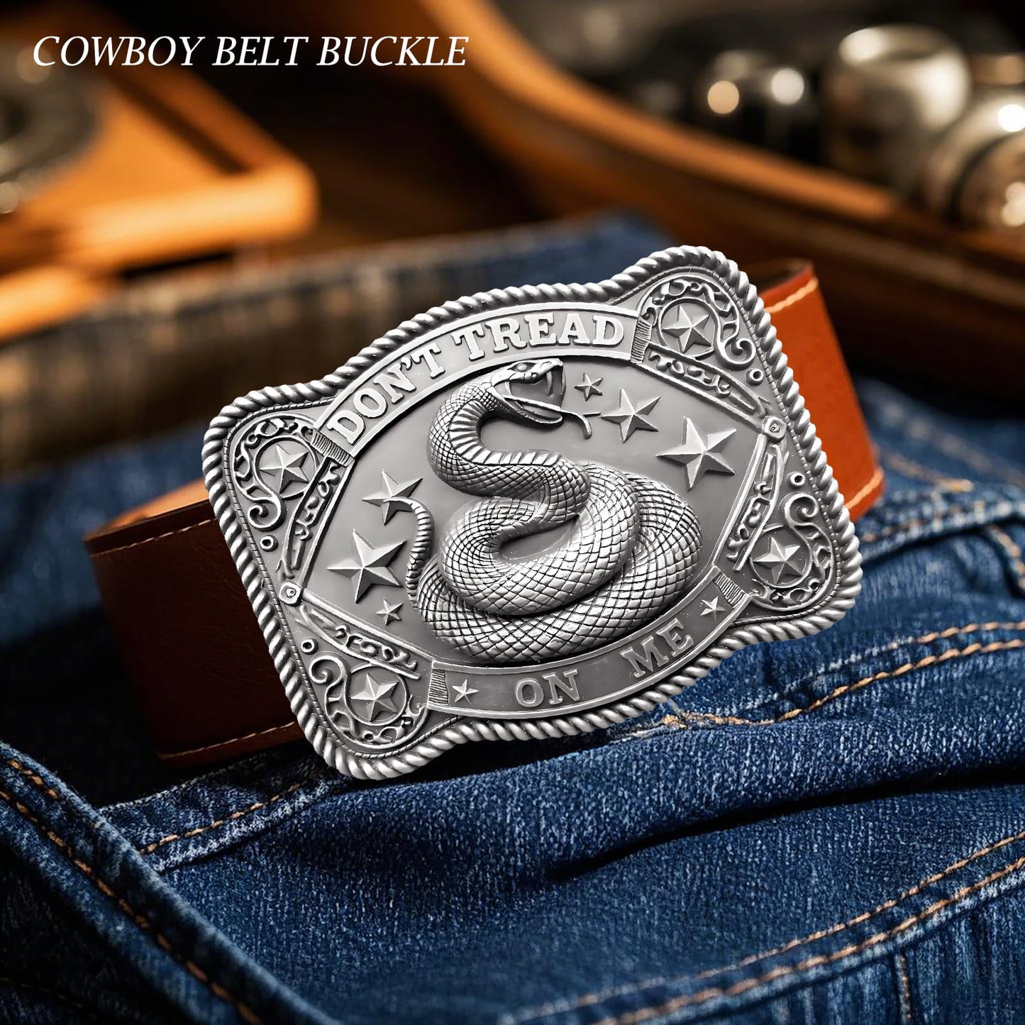 GRAERRY Cowboy Belt Buckle for Men Women Vintage Rodeo Don't Tread On Me Rattlesnake Western Belt Buckles (Grey)
