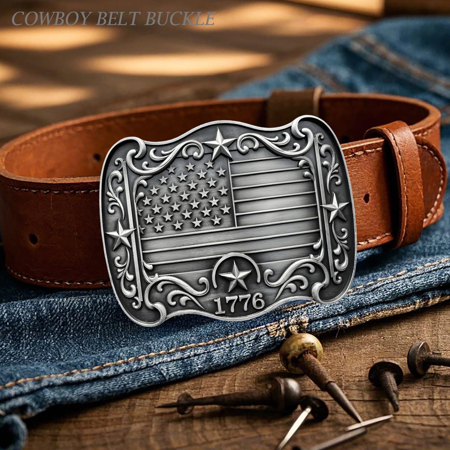 GRAERRY Western Belt Buckle for Men Women Vintage Rodeo American Flag 1776 Cowboy Belt Buckles 4th of July Parties (Grey)