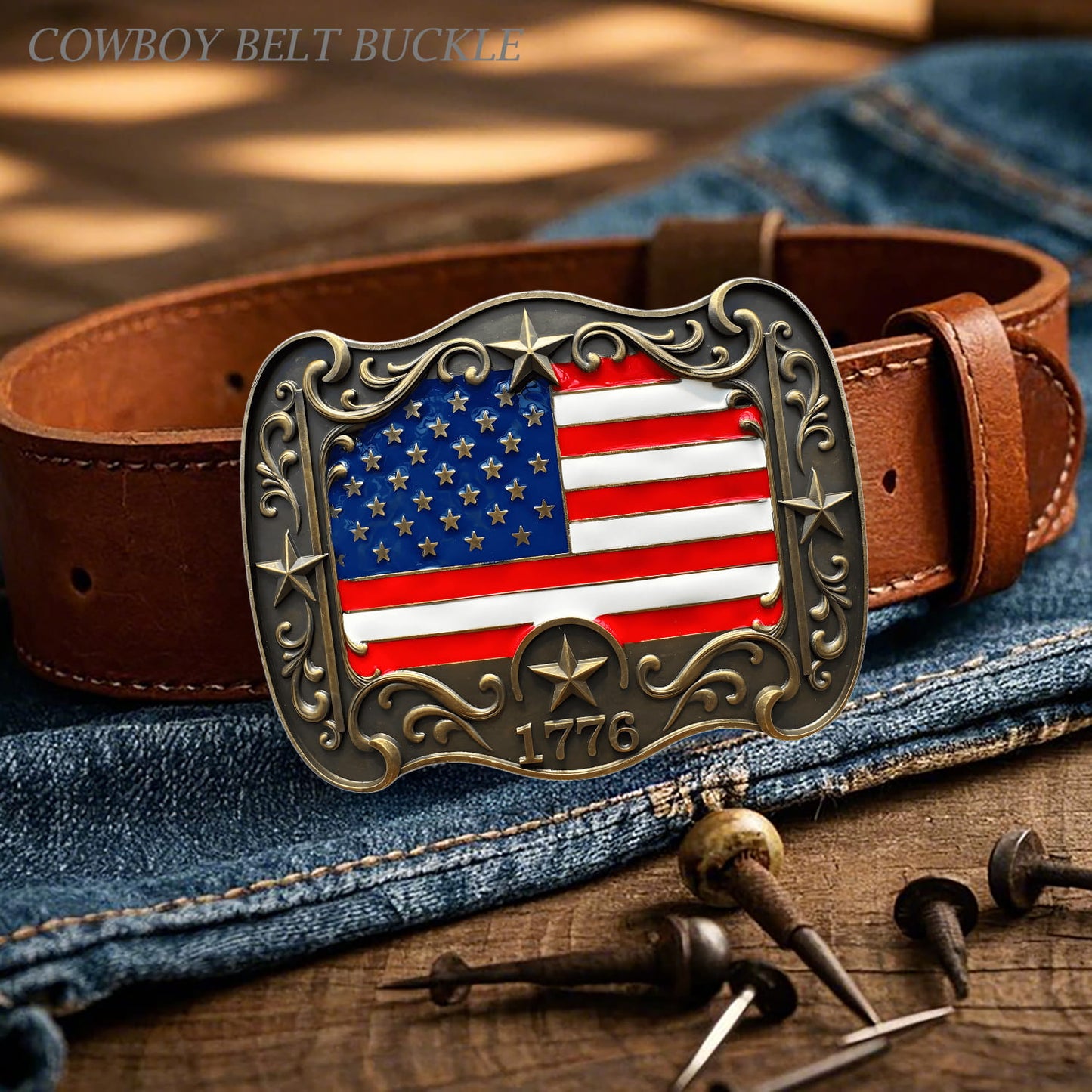 GRAERRY Western Belt Buckle for Men Women Vintage Rodeo American Flag 1776 Cowboy Belt Buckles 4th of July Parties (Color Bronze)