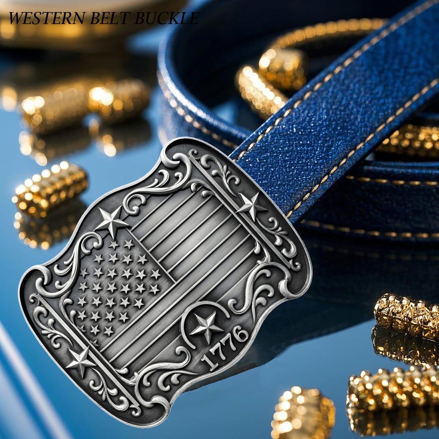 GRAERRY Western Belt Buckle for Men Women Vintage Rodeo American Flag 1776 Cowboy Belt Buckles 4th of July Parties (Grey)