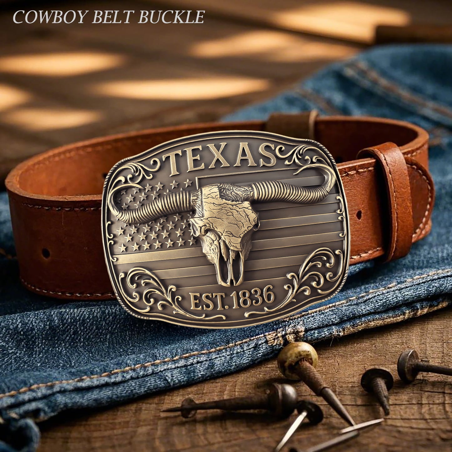 GRAERRY Cowboy Belt Buckle for Men Women Vintage Rodeo Texas Map 1836 Longhorn bull Western Belt Buckles (Bronze)