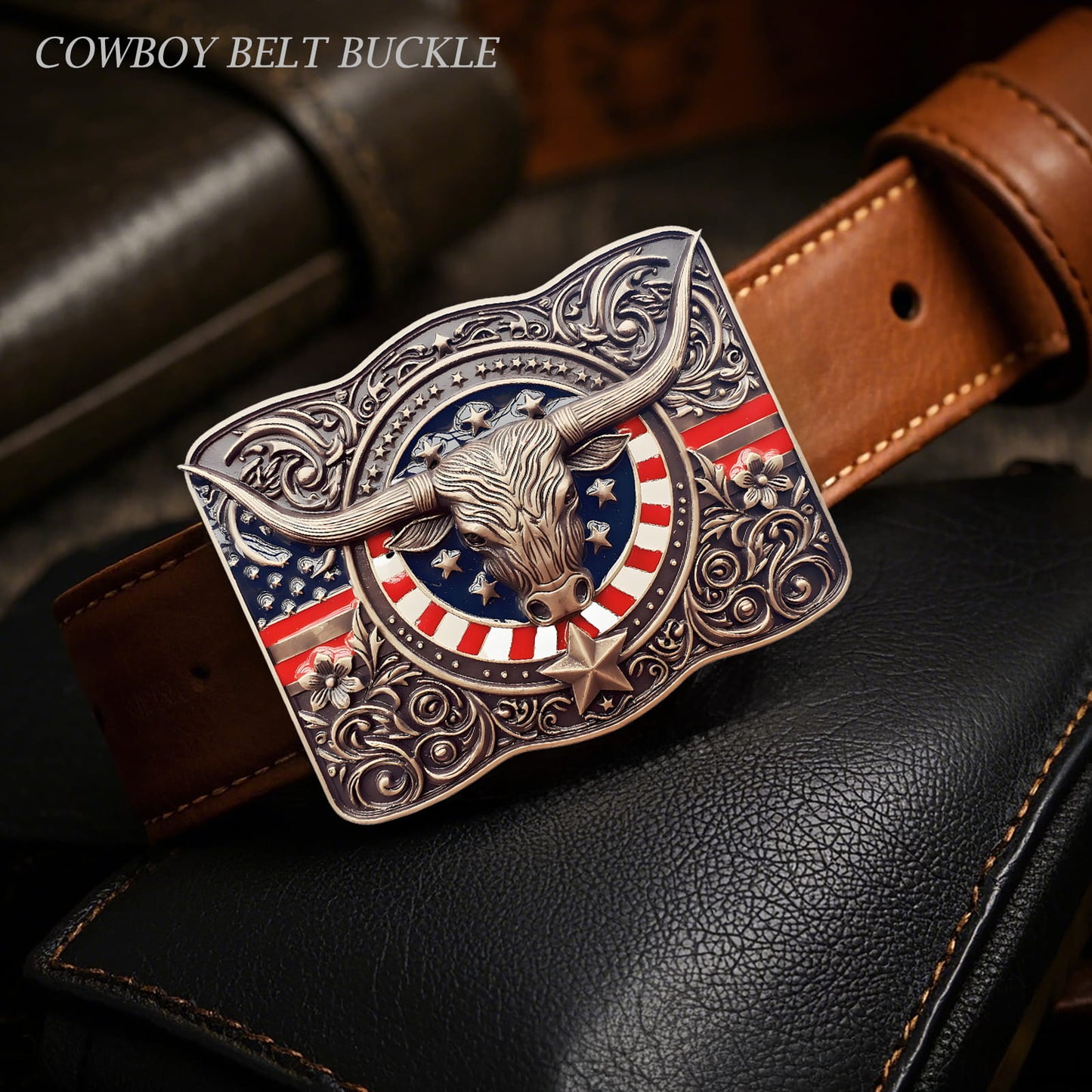 GRAERRY Cowboy Belt Buckle for Men Women Vintage Rodeo Texas Longhorn bull American Flag Western Belt Buckles (Color Bronze)
