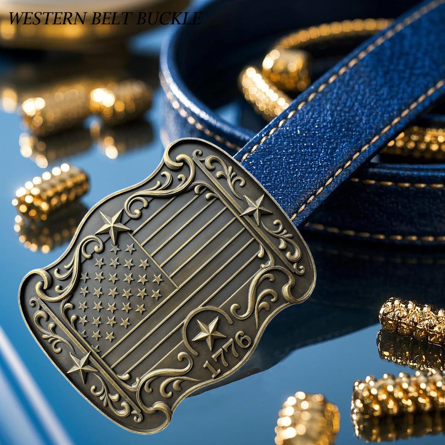 GRAERRY Western Belt Buckle for Men Women Vintage Rodeo American Flag 1776 Cowboy Belt Buckles 4th of July Parties (Bronze)