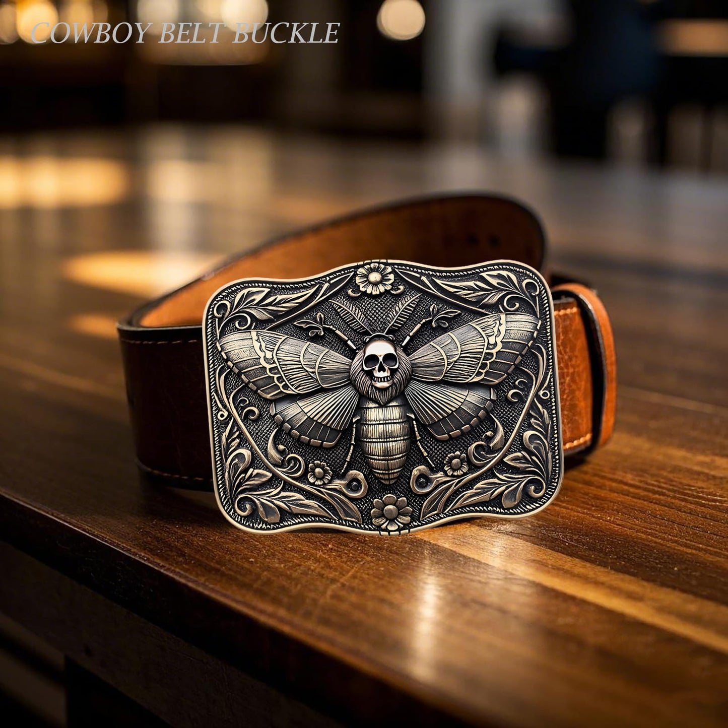 GRAERRY Cowboy Belt Buckle for Men Women Vintage Rodeo Ghost Skull Death Head Moth Western Belt Buckles (Bronze)