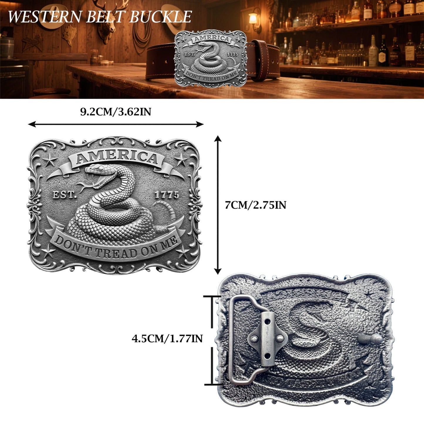 GRAERRY Western Belt Buckle for Men Women Vintage Rodeo US NAVY Don't Tread On Me Rattlesnake Cowboy Belt Buckles (Grey)
