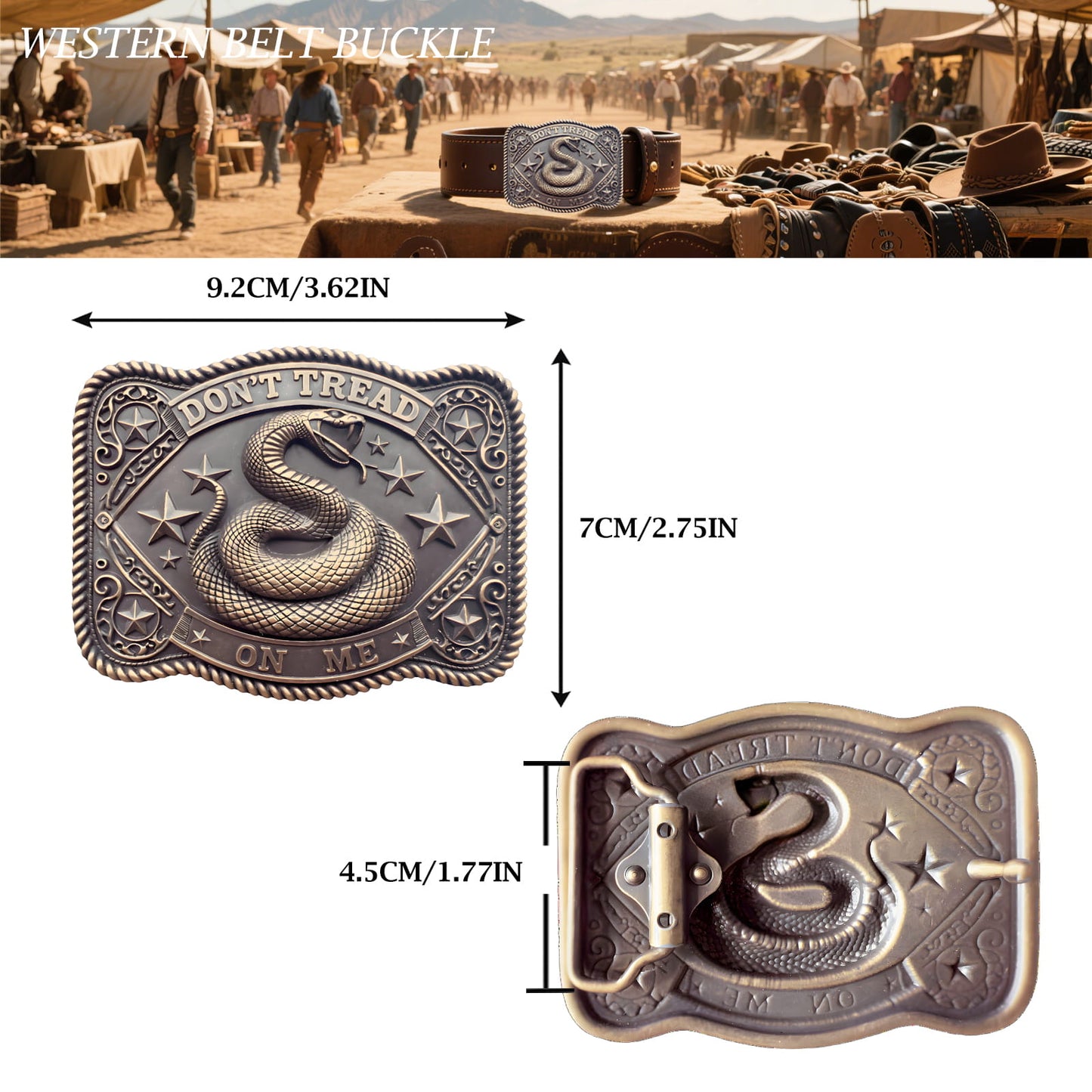GRAERRY Cowboy Belt Buckle for Men Women Vintage Rodeo Don't Tread On Me Rattlesnake Western Belt Buckles (Bronze)