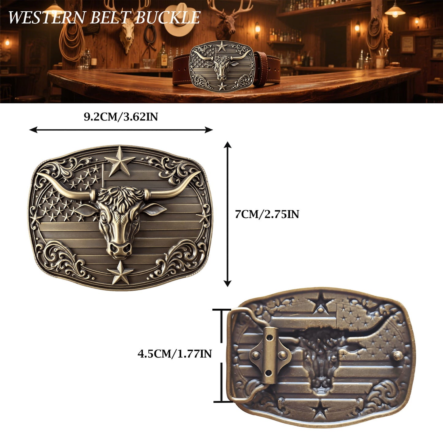 GRAERRY Cowboy Belt Buckle for Men Women Vintage Rodeo Texas Longhorn bull Western Belt Buckles (Bronze)