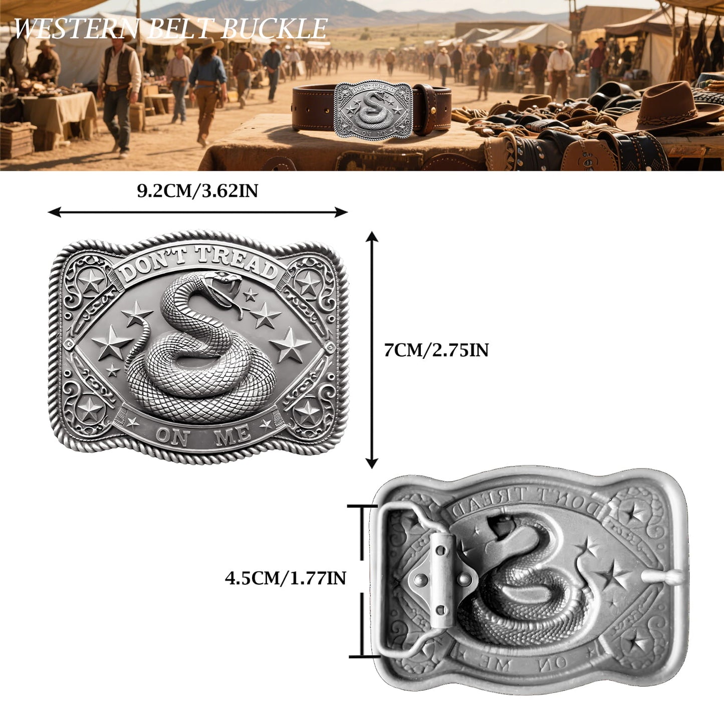GRAERRY Cowboy Belt Buckle for Men Women Vintage Rodeo Don't Tread On Me Rattlesnake Western Belt Buckles (Grey)