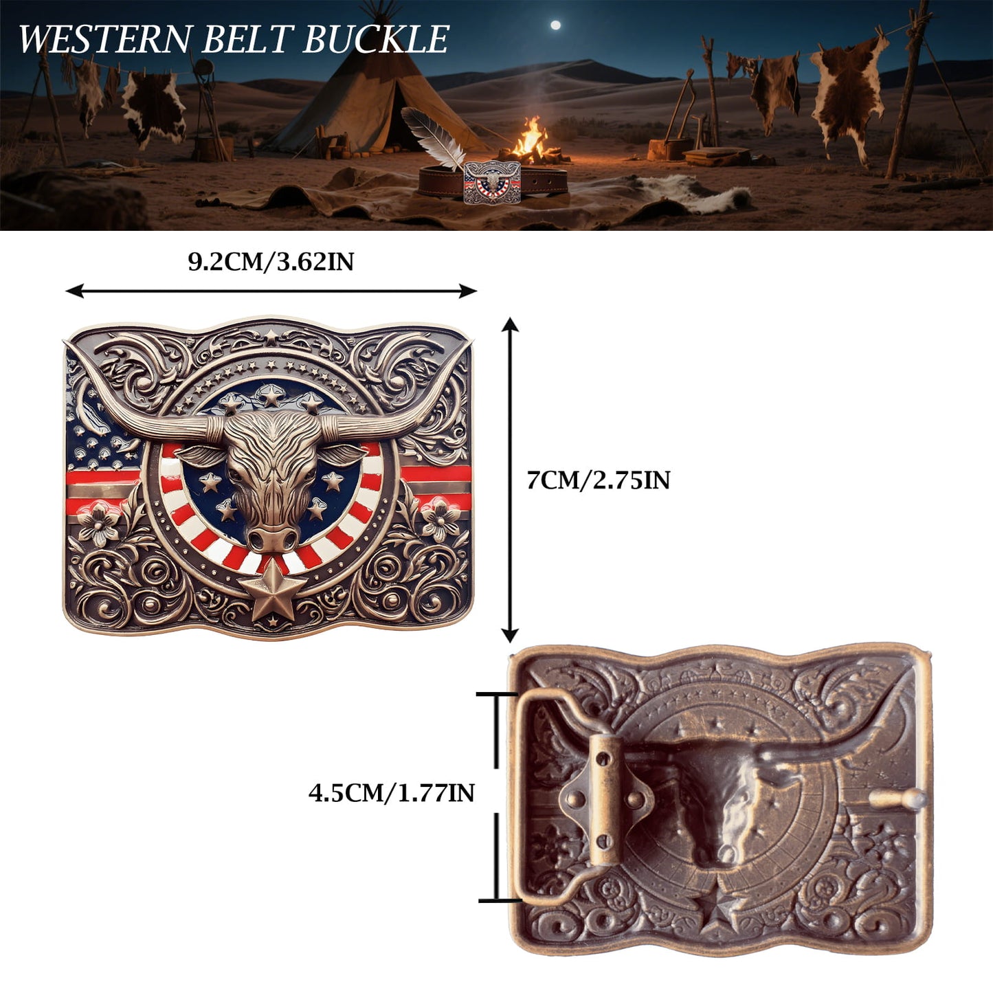 GRAERRY Cowboy Belt Buckle for Men Women Vintage Rodeo Texas Longhorn bull American Flag Western Belt Buckles (Color Bronze)