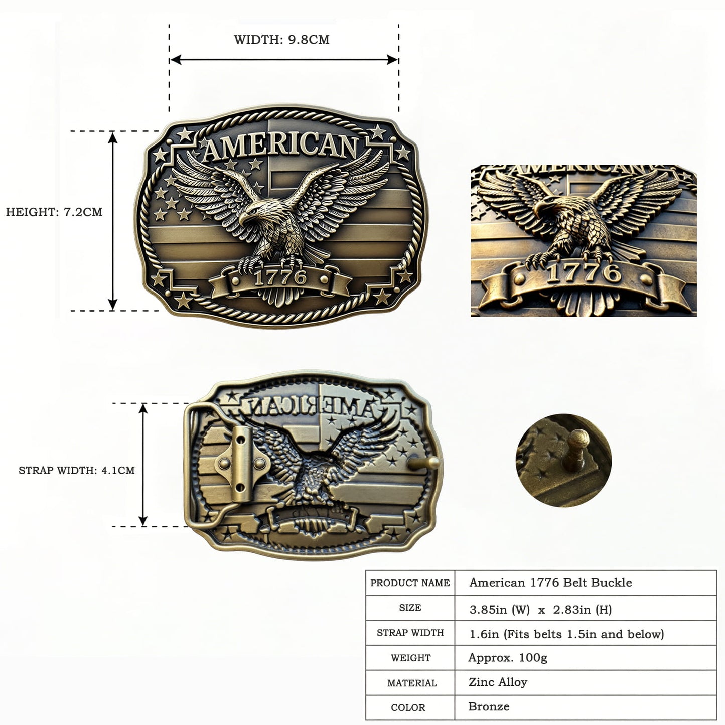 GRAERRY American 1776 Patriotic Belt Buckle, US Flag Eagle Vintage Rodeo Western Cowboy Belt Buckles for Men (Bronze)