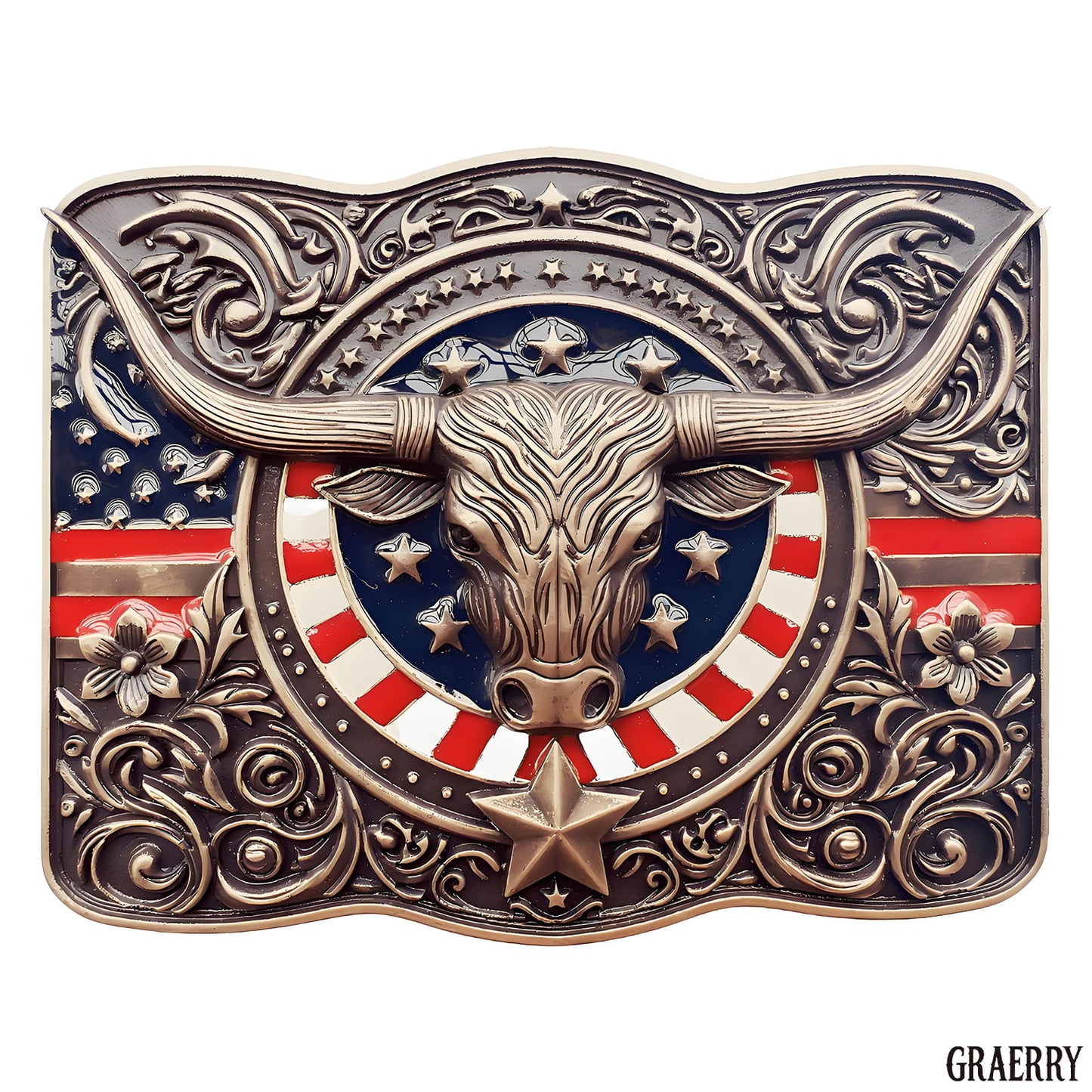 GRAERRY Cowboy Belt Buckle for Men Women Vintage Rodeo Texas Longhorn bull American Flag Western Belt Buckles (Color Bronze)