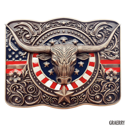 GRAERRY Cowboy Belt Buckle for Men Women Vintage Rodeo Texas Longhorn bull American Flag Western Belt Buckles (Color Bronze)
