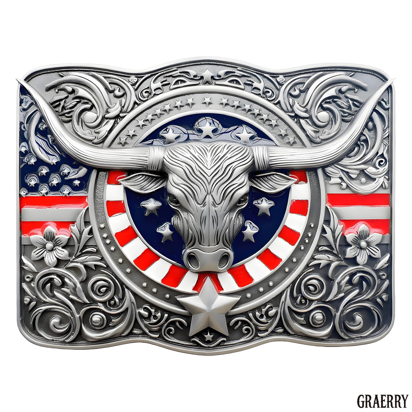 GRAERRY Cowboy Belt Buckle for Men Women Vintage Rodeo Texas Longhorn bull American Flag Western Belt Buckles (Color Grey)