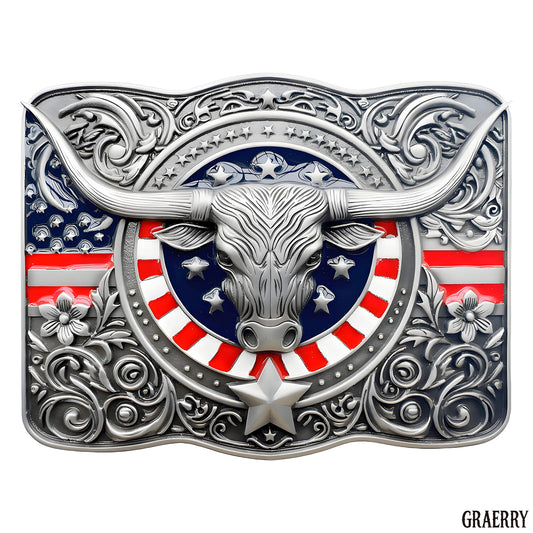 GRAERRY Cowboy Belt Buckle for Men Women Vintage Rodeo Texas Longhorn bull American Flag Western Belt Buckles (Color Grey)
