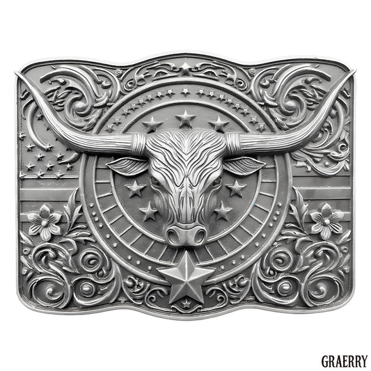 GRAERRY Cowboy Belt Buckle for Men Women Vintage Rodeo Texas Longhorn bull American Flag Western Belt Buckles (Grey)