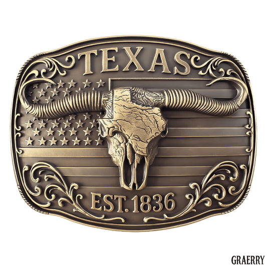 GRAERRY Cowboy Belt Buckle for Men Women Vintage Rodeo Texas Map 1836 Longhorn bull Western Belt Buckles (Bronze)