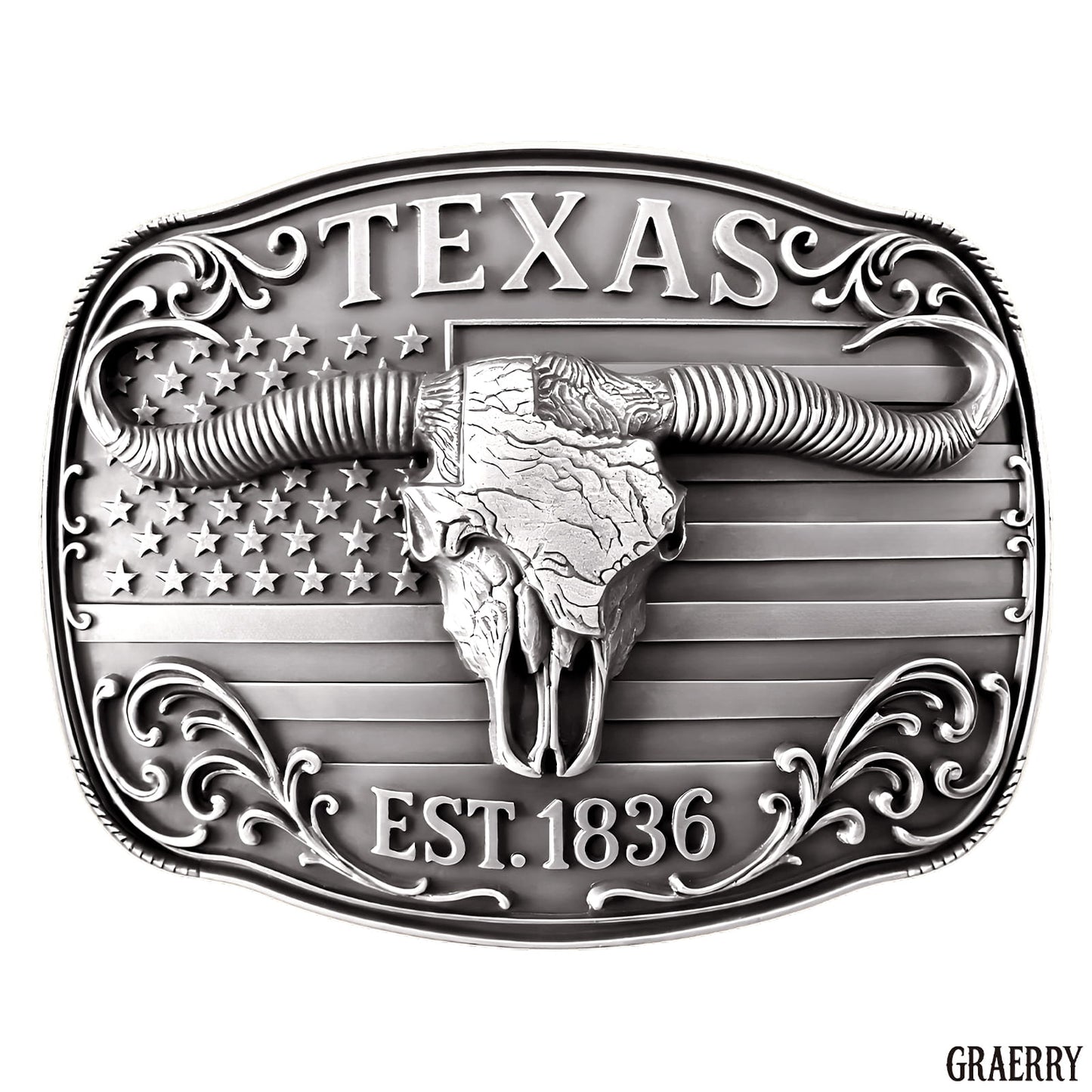 GRAERRY Cowboy Belt Buckle for Men Women Vintage Rodeo Texas Map 1836 Longhorn bull Western Belt Buckles (Grey)