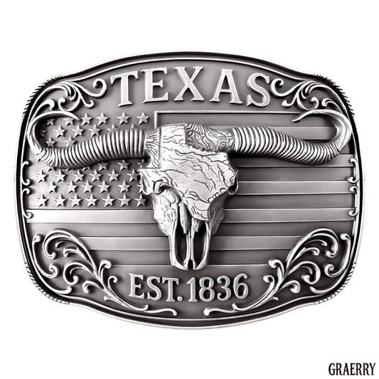 GRAERRY Cowboy Belt Buckle for Men Women Vintage Rodeo Texas Map 1836 Longhorn bull Western Belt Buckles (Grey)
