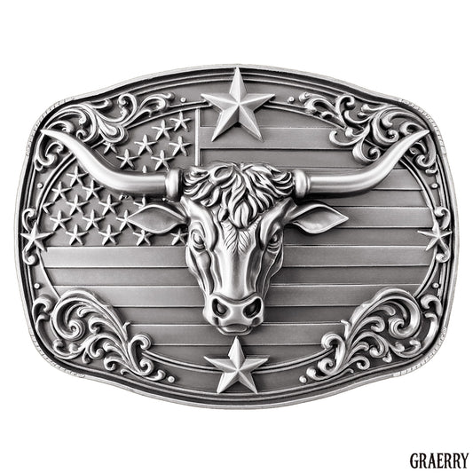 GRAERRY Cowboy Belt Buckle for Men Women Vintage Rodeo Texas Longhorn bull Western Belt Buckles (Grey)