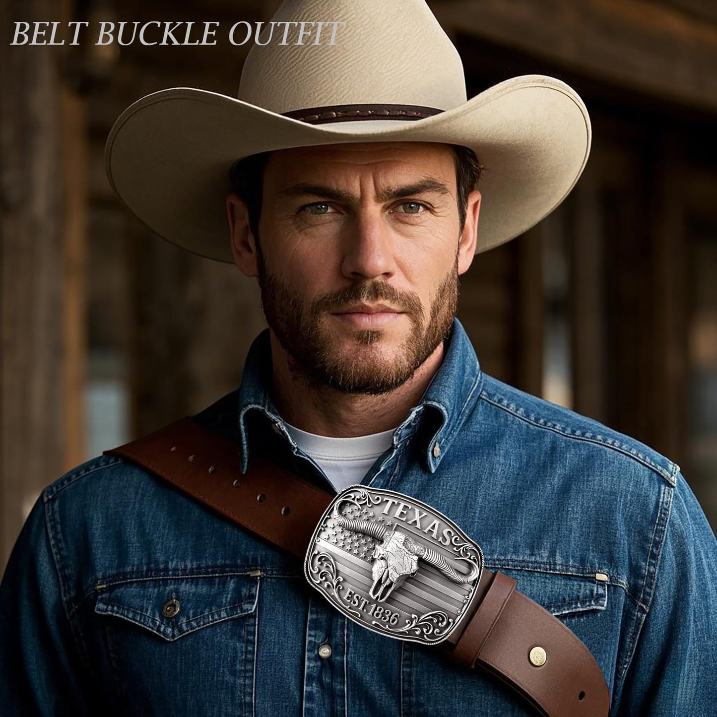 GRAERRY Cowboy Belt Buckle for Men Women Vintage Rodeo Texas Map 1836 Longhorn bull Western Belt Buckles (Grey)
