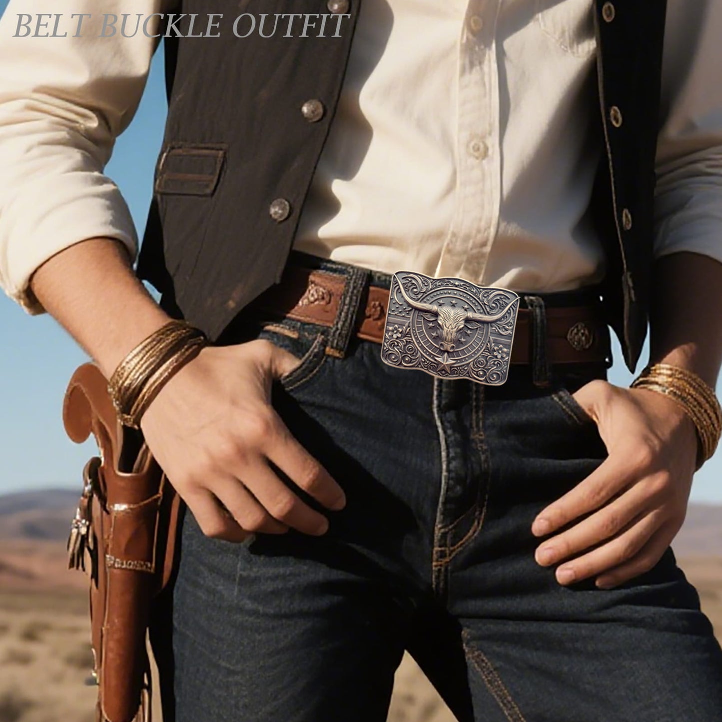 GRAERRY Cowboy Belt Buckle for Men Women Vintage Rodeo Texas Longhorn bull American Flag Western Belt Buckles(Bronze)