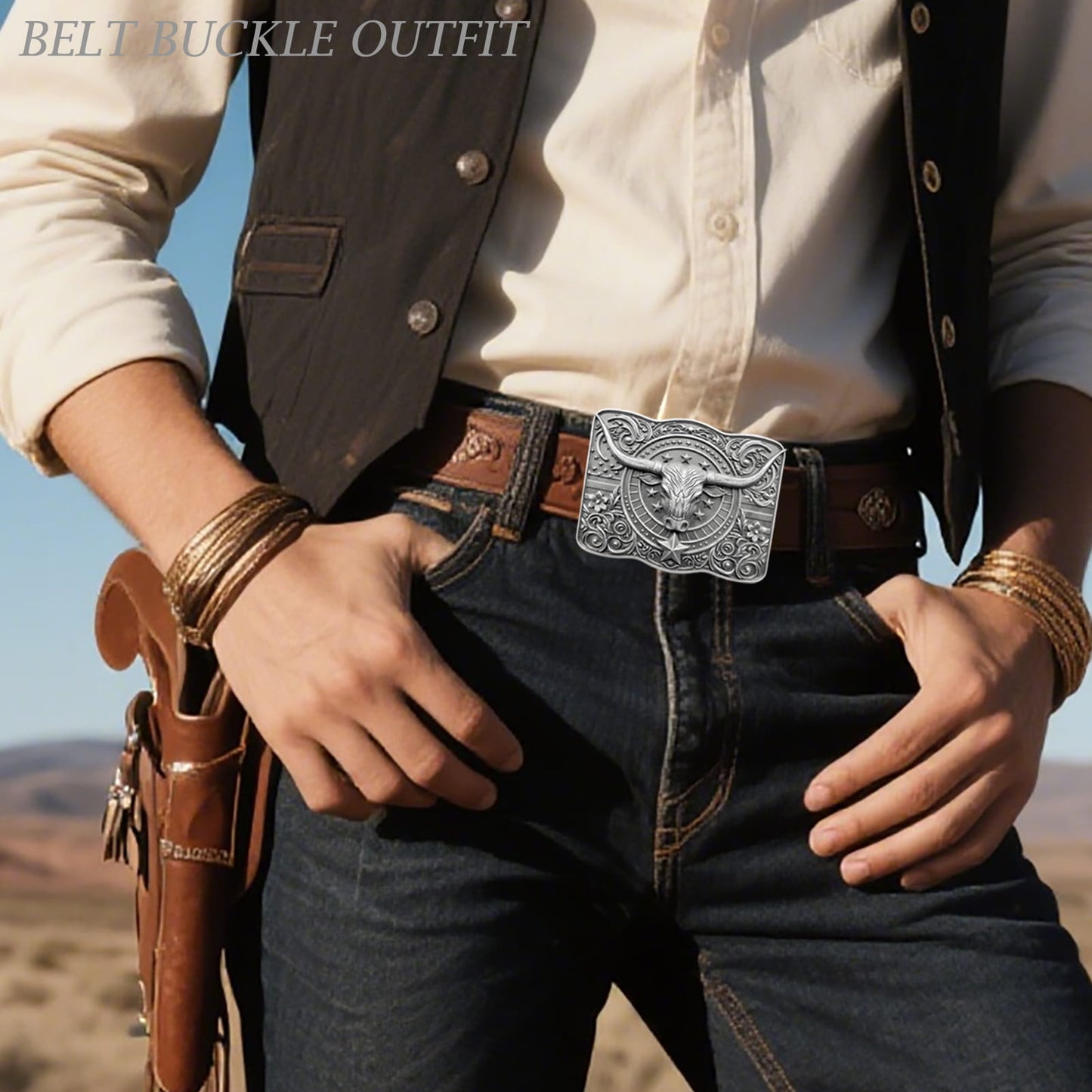 GRAERRY Cowboy Belt Buckle for Men Women Vintage Rodeo Texas Longhorn bull American Flag Western Belt Buckles (Grey)