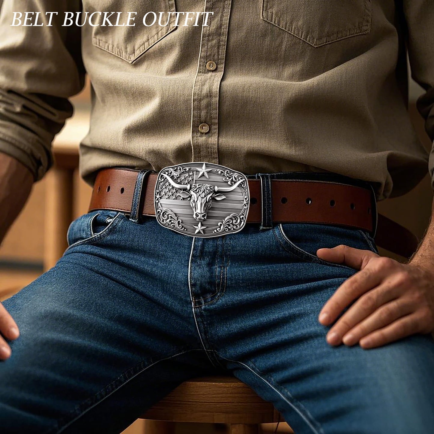 GRAERRY Cowboy Belt Buckle for Men Women Vintage Rodeo Texas Longhorn bull Western Belt Buckles (Grey)