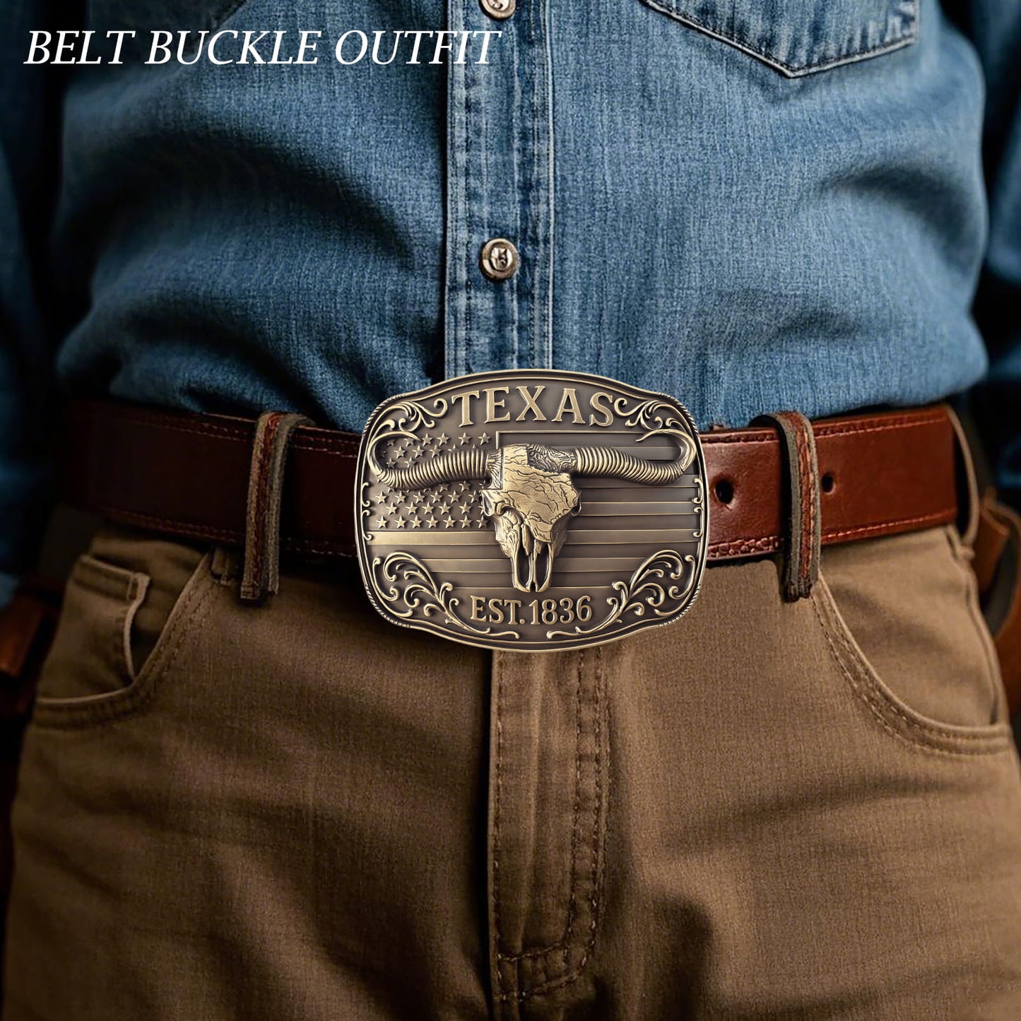 GRAERRY Cowboy Belt Buckle for Men Women Vintage Rodeo Texas Map 1836 Longhorn bull Western Belt Buckles (Bronze)
