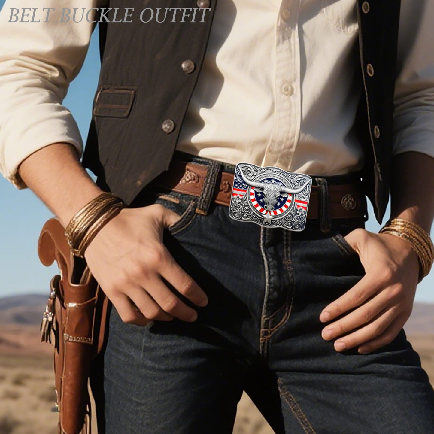 GRAERRY Cowboy Belt Buckle for Men Women Vintage Rodeo Texas Longhorn bull American Flag Western Belt Buckles (Color Grey)