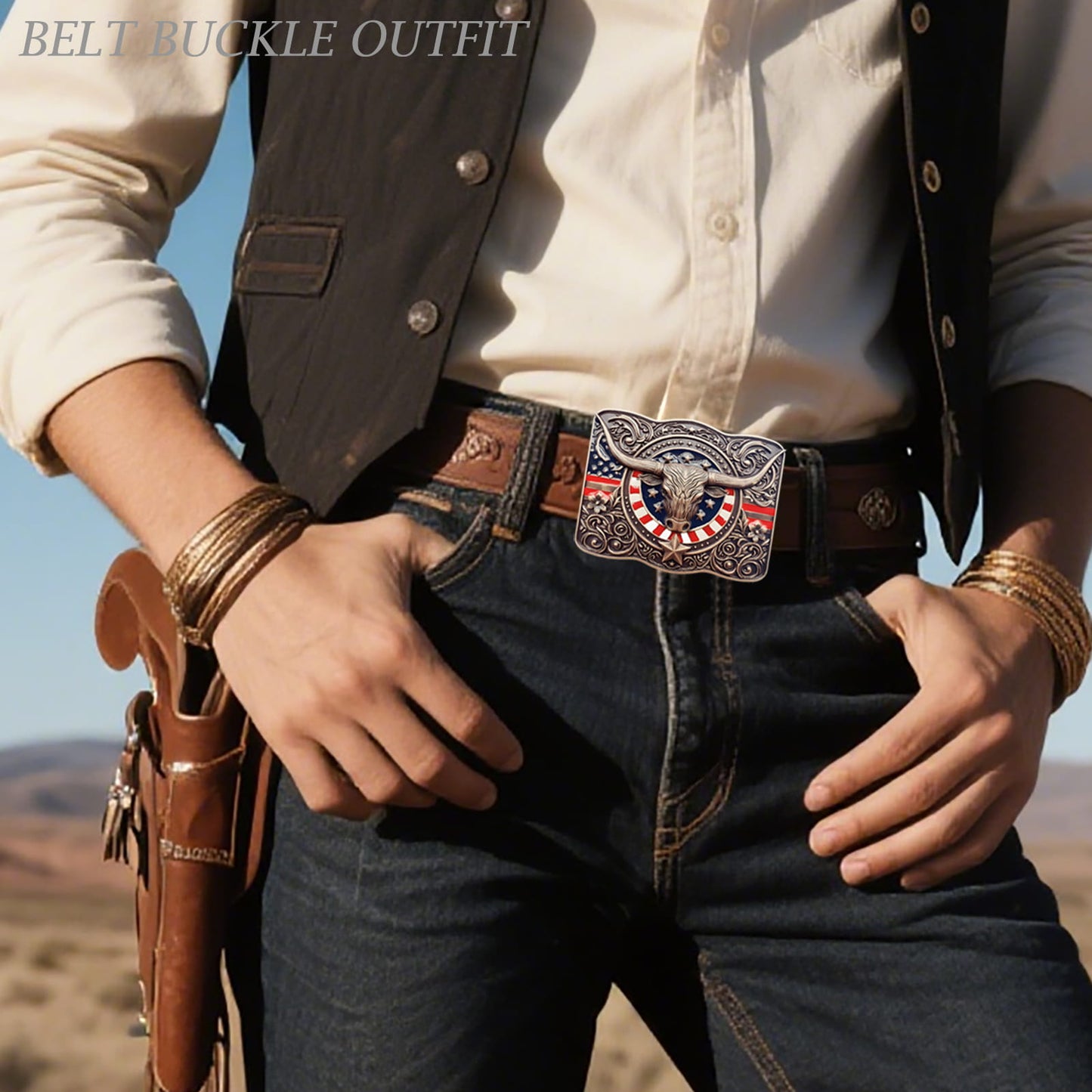 GRAERRY Cowboy Belt Buckle for Men Women Vintage Rodeo Texas Longhorn bull American Flag Western Belt Buckles (Color Bronze)