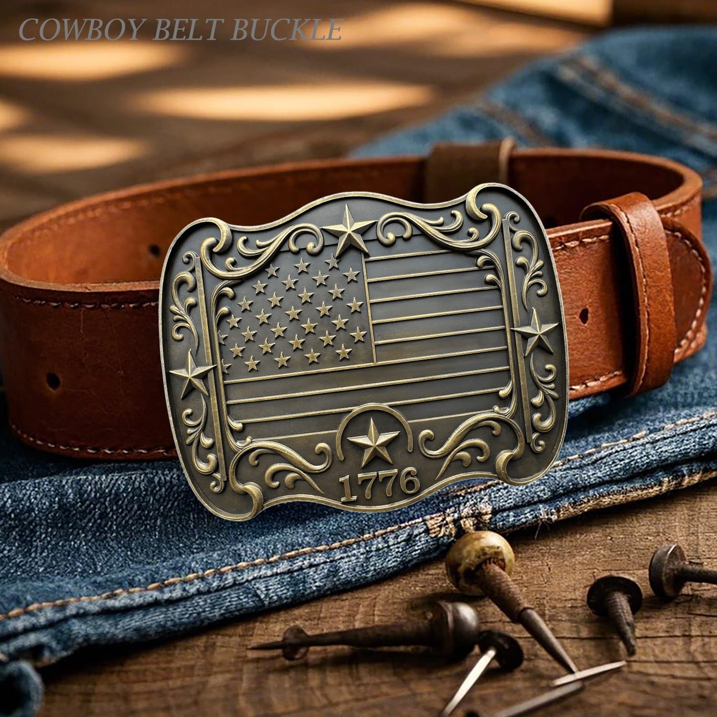 GRAERRY Western Belt Buckle for Men Women Vintage Rodeo American Flag 1776 Cowboy Belt Buckles 4th of July Parties (Bronze)