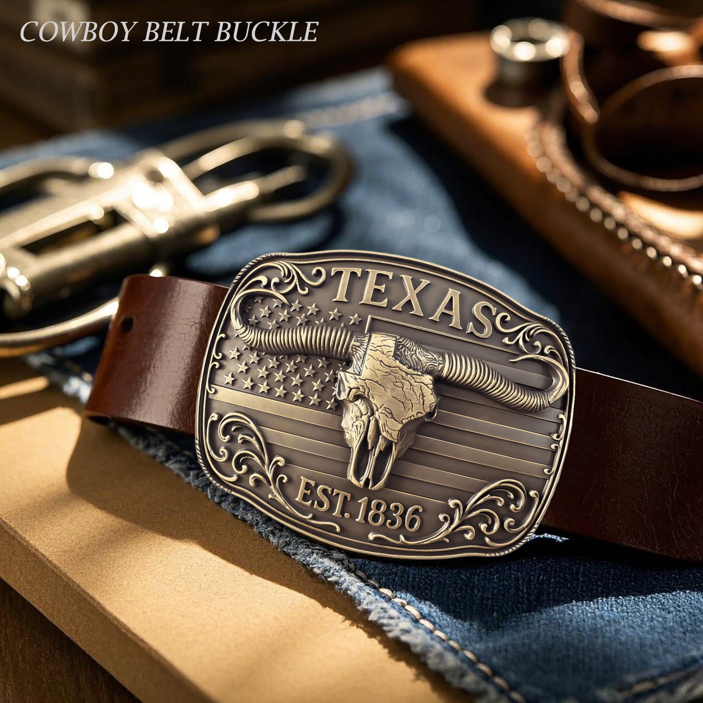 GRAERRY Cowboy Belt Buckle for Men Women Vintage Rodeo Texas Map 1836 Longhorn bull Western Belt Buckles (Bronze)