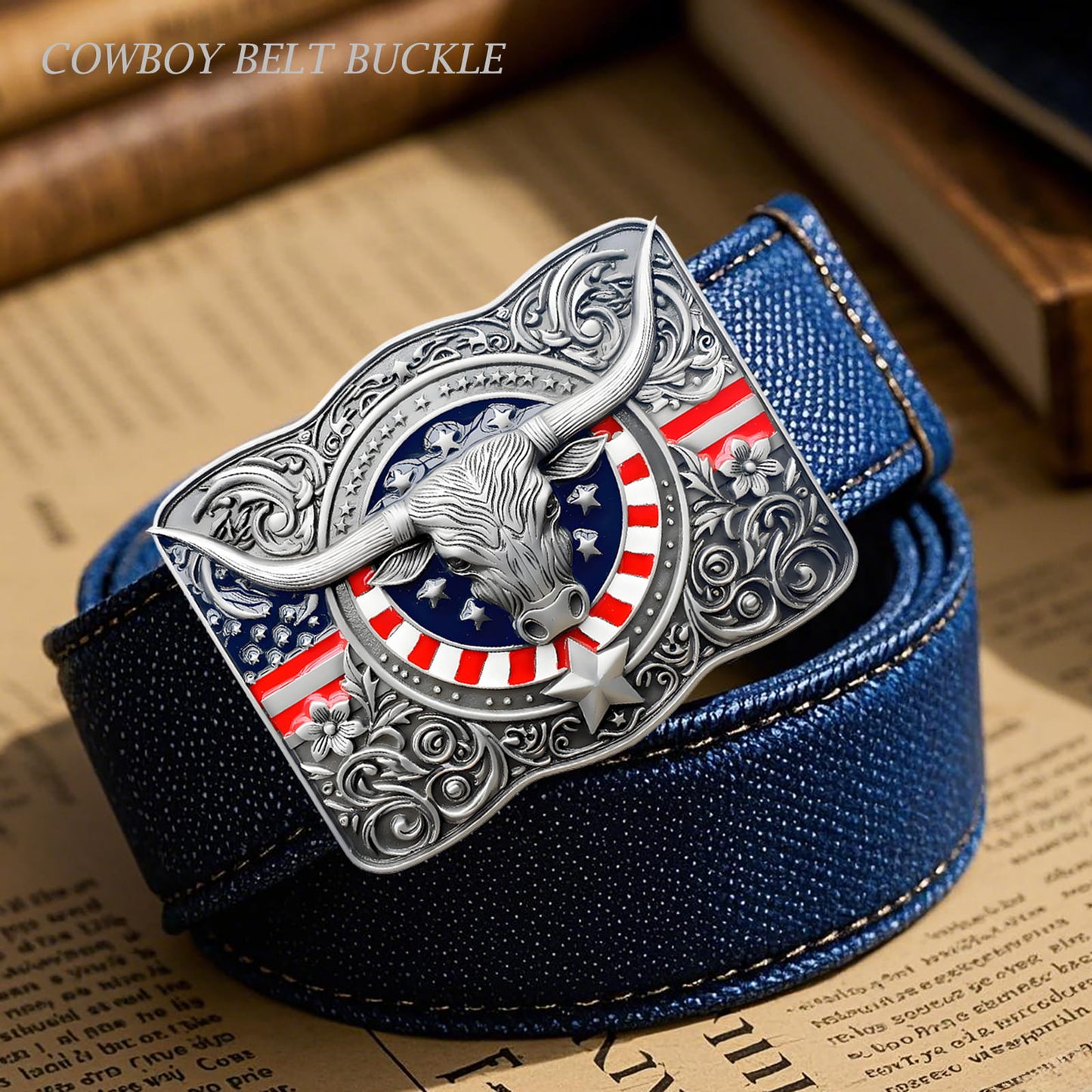 GRAERRY Cowboy Belt Buckle for Men Women Vintage Rodeo Texas Longhorn bull American Flag Western Belt Buckles (Color Grey)