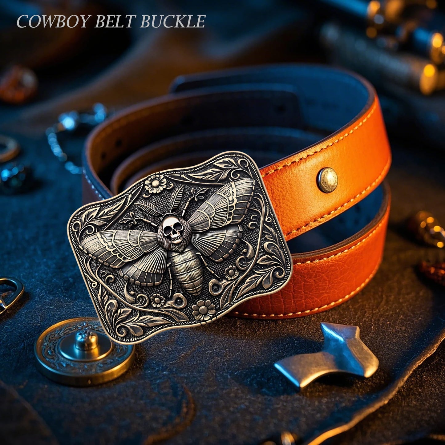 GRAERRY Cowboy Belt Buckle for Men Women Vintage Rodeo Ghost Skull Death Head Moth Western Belt Buckles (Bronze)