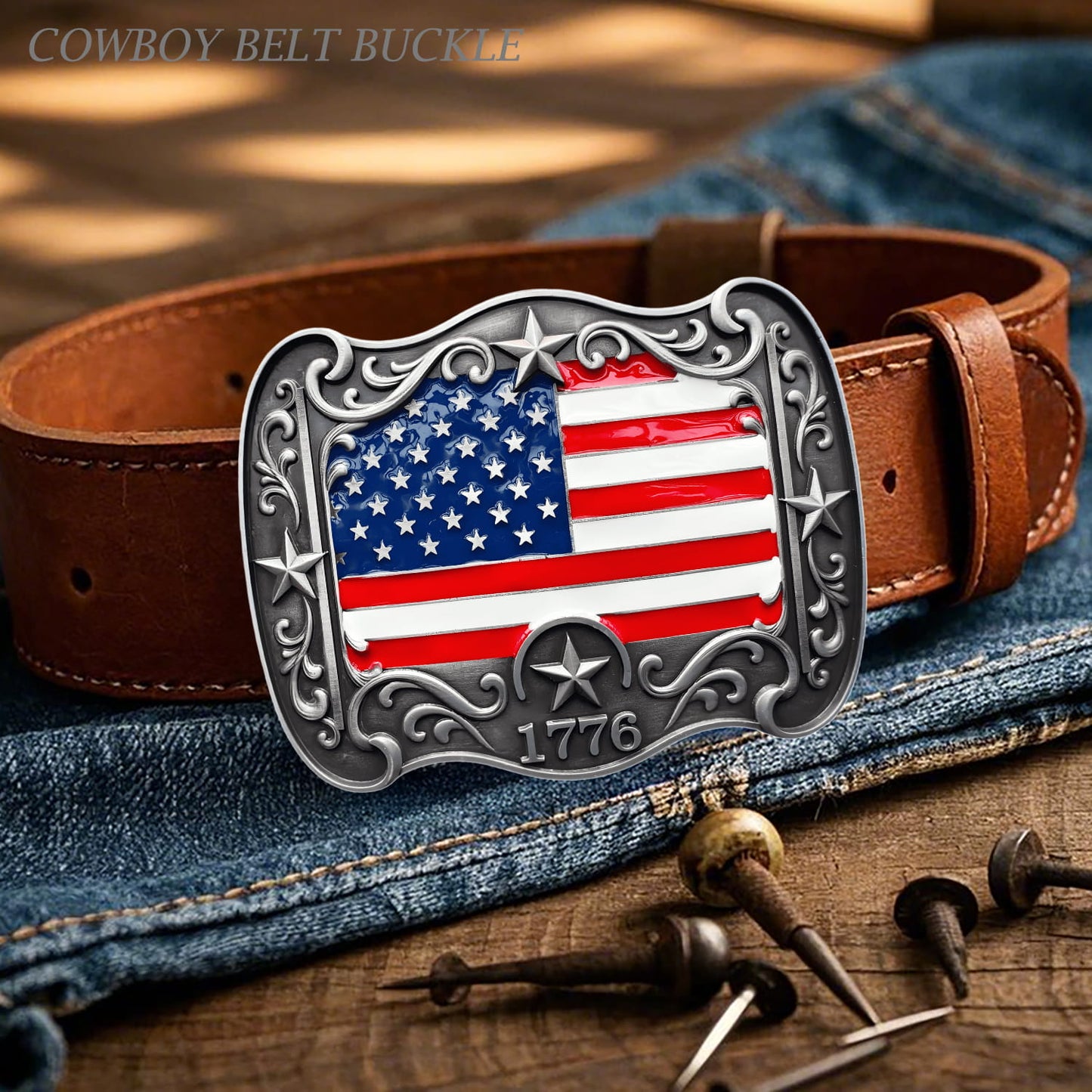 GRAERRY Western Belt Buckle for Men Women Vintage Rodeo American Flag 1776 Cowboy Belt Buckles 4th of July Parties (Color Grey)