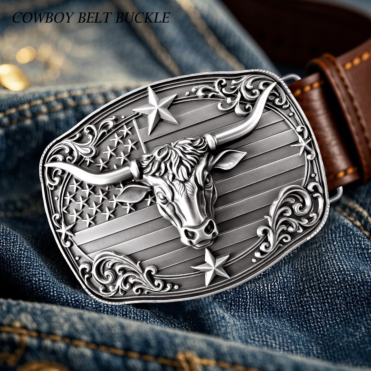 GRAERRY Cowboy Belt Buckle for Men Women Vintage Rodeo Texas Longhorn bull Western Belt Buckles (Grey)