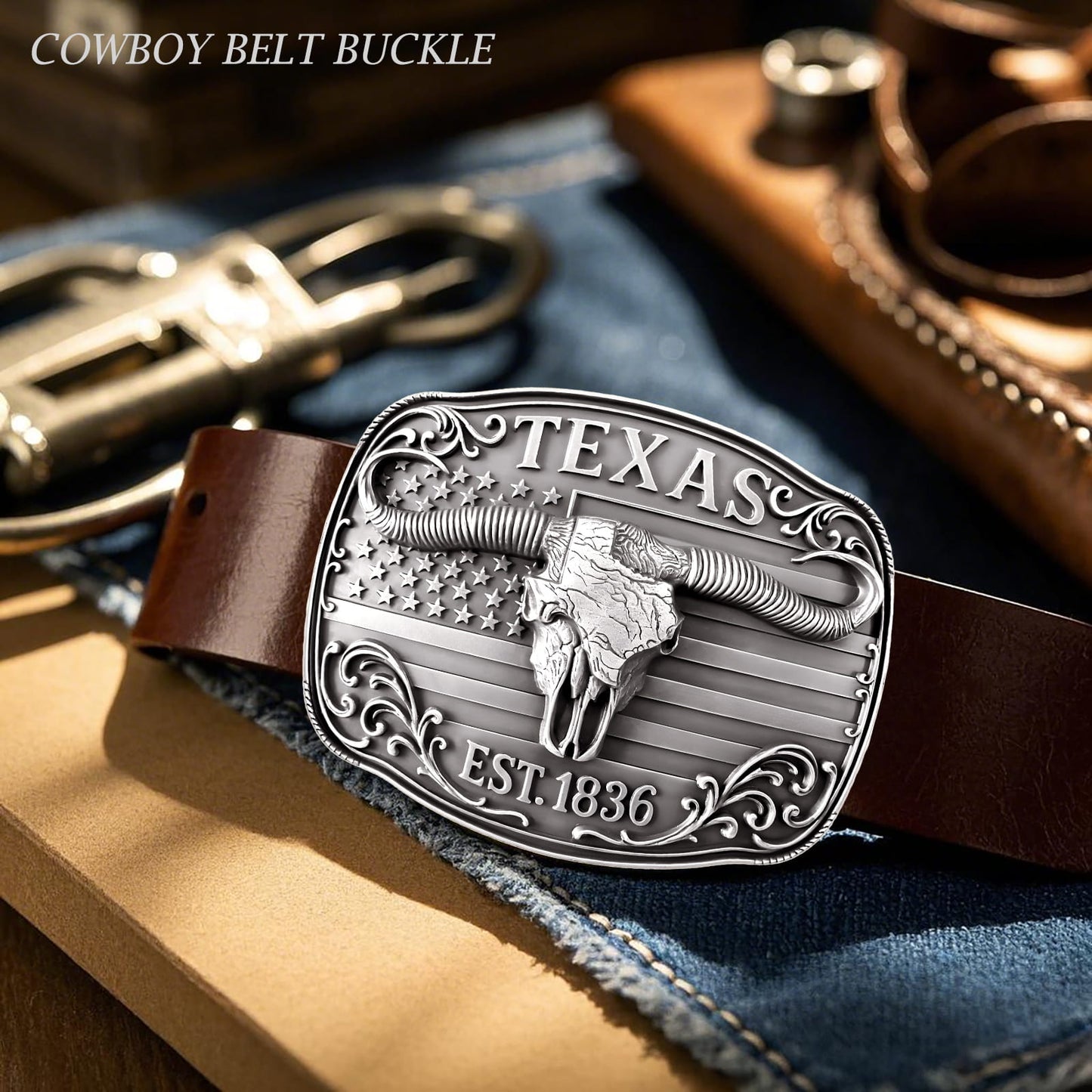 GRAERRY Cowboy Belt Buckle for Men Women Vintage Rodeo Texas Map 1836 Longhorn bull Western Belt Buckles (Grey)