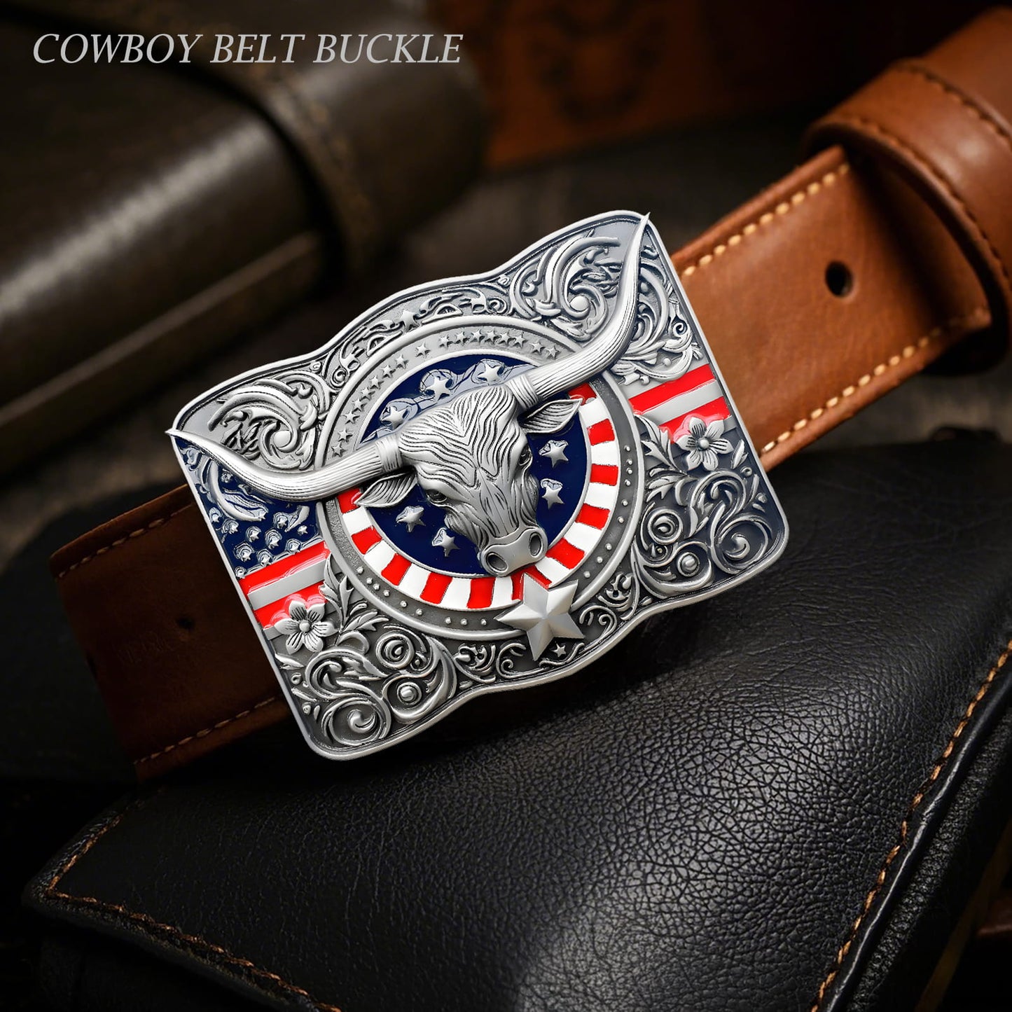 GRAERRY Cowboy Belt Buckle for Men Women Vintage Rodeo Texas Longhorn bull American Flag Western Belt Buckles (Color Grey)