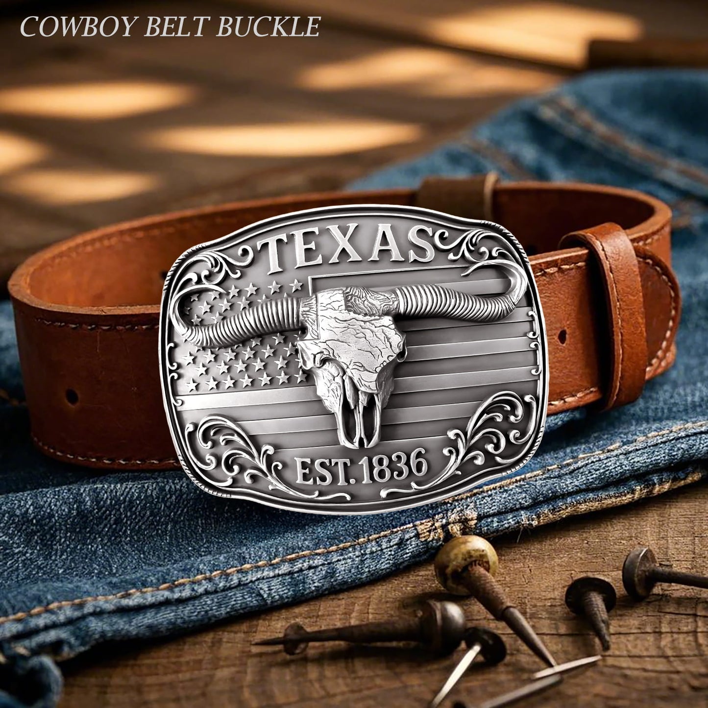 GRAERRY Cowboy Belt Buckle for Men Women Vintage Rodeo Texas Map 1836 Longhorn bull Western Belt Buckles (Grey)