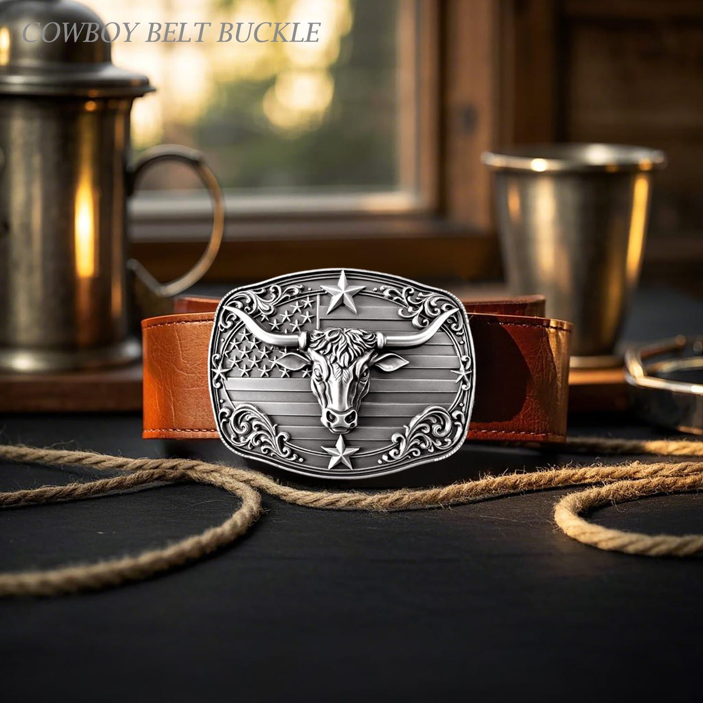 GRAERRY Cowboy Belt Buckle for Men Women Vintage Rodeo Texas Longhorn bull Western Belt Buckles (Grey)