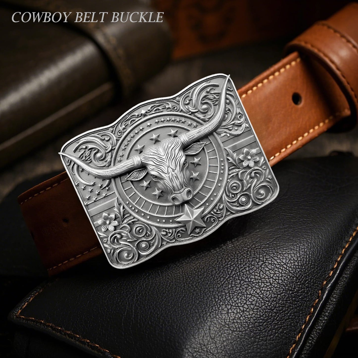 GRAERRY Cowboy Belt Buckle for Men Women Vintage Rodeo Texas Longhorn bull American Flag Western Belt Buckles (Grey)