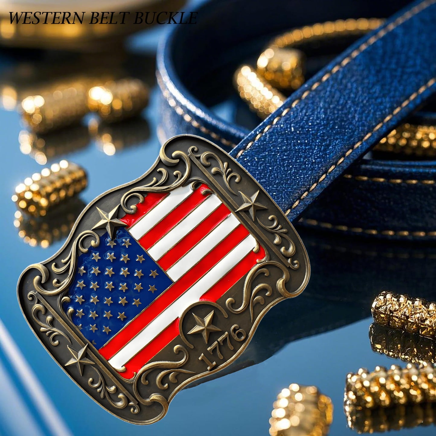 GRAERRY Western Belt Buckle for Men Women Vintage Rodeo American Flag 1776 Cowboy Belt Buckles 4th of July Parties (Color Bronze)