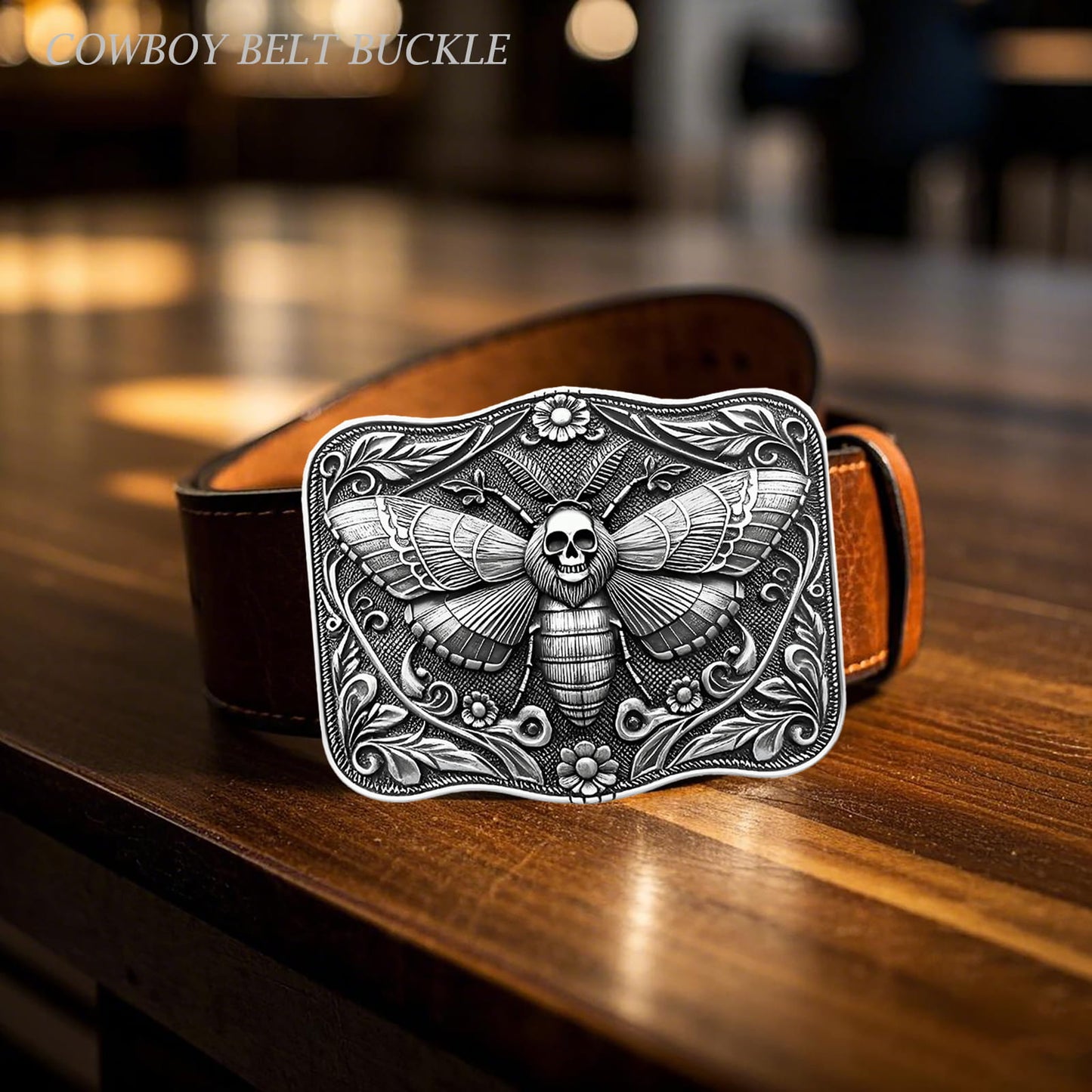 GRAERRY Cowboy Belt Buckle for Men Women Vintage Rodeo Ghost Skull Death Head Moth Western Belt Buckles (Grey)