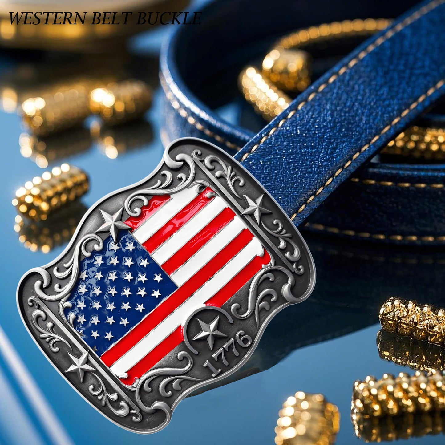 GRAERRY Western Belt Buckle for Men Women Vintage Rodeo American Flag 1776 Cowboy Belt Buckles 4th of July Parties (Color Grey)